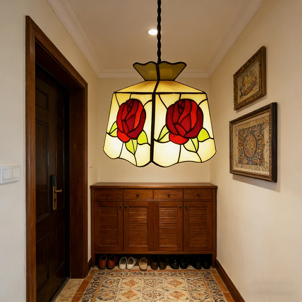 LIVARA Four-Sided Rose Pattern Pendant Light Minimalist Hanging Lamp Floral Shade E27 Ceiling Light for Bedroom Bedside Dining Area