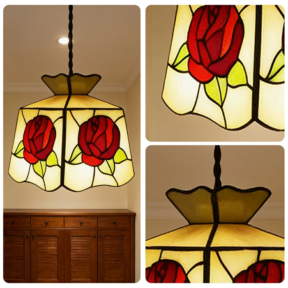 LIVARA Four-Sided Rose Pattern Pendant Light Minimalist Hanging Lamp Floral Shade E27 Ceiling Light for Bedroom Bedside Dining Area