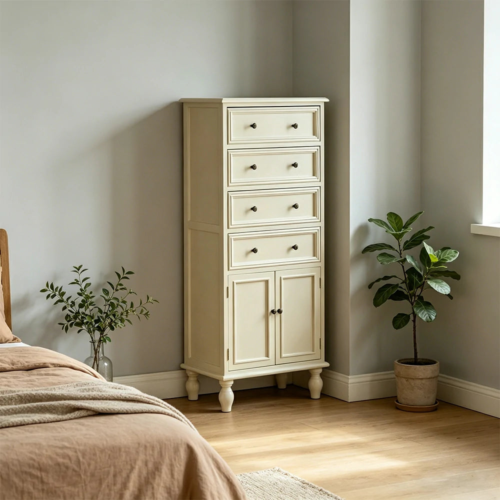 LIVARA Solid Wood Vintage Tall Cabinet Multi-Drawer Storage for Bedroom Living Room Hallway - White
