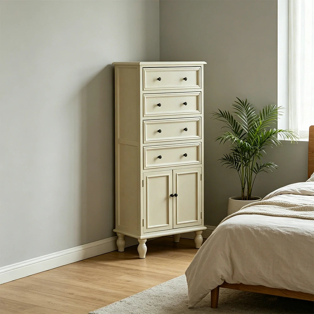 LIVARA Solid Wood Vintage Tall Cabinet Multi-Drawer Storage for Bedroom Living Room Hallway - White