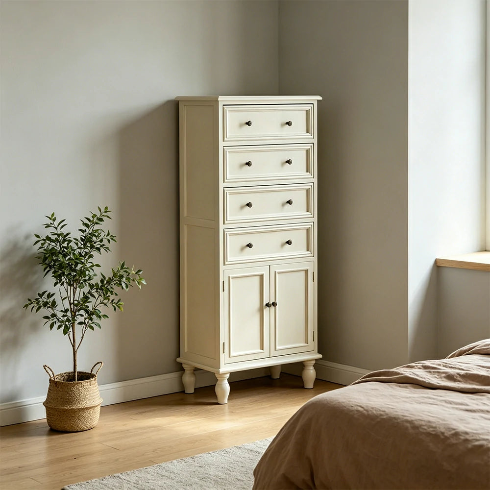 LIVARA Solid Wood Vintage Tall Cabinet Multi-Drawer Storage for Bedroom Living Room Hallway - White