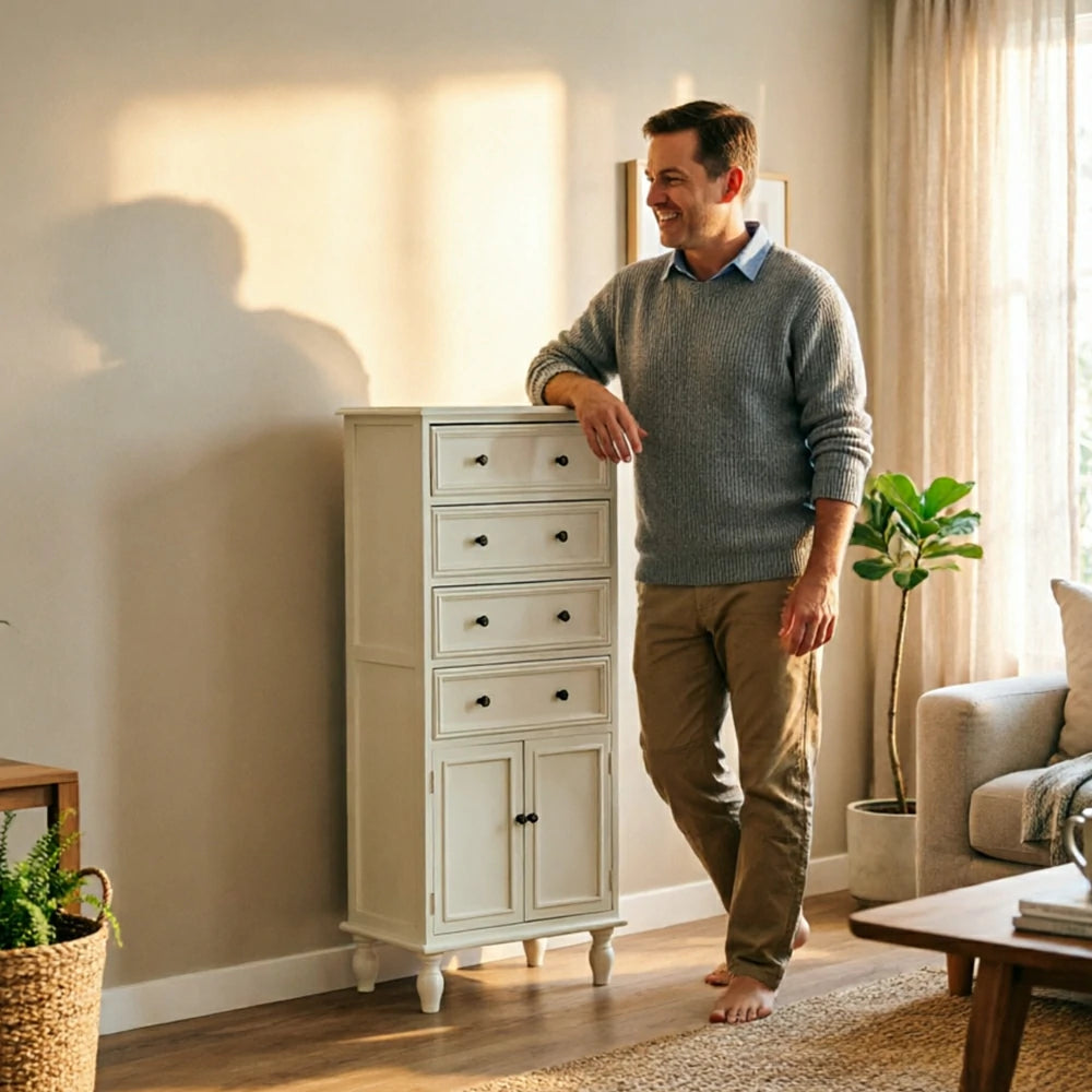LIVARA Solid Wood Vintage Tall Cabinet Multi-Drawer Storage for Bedroom Living Room Hallway - White