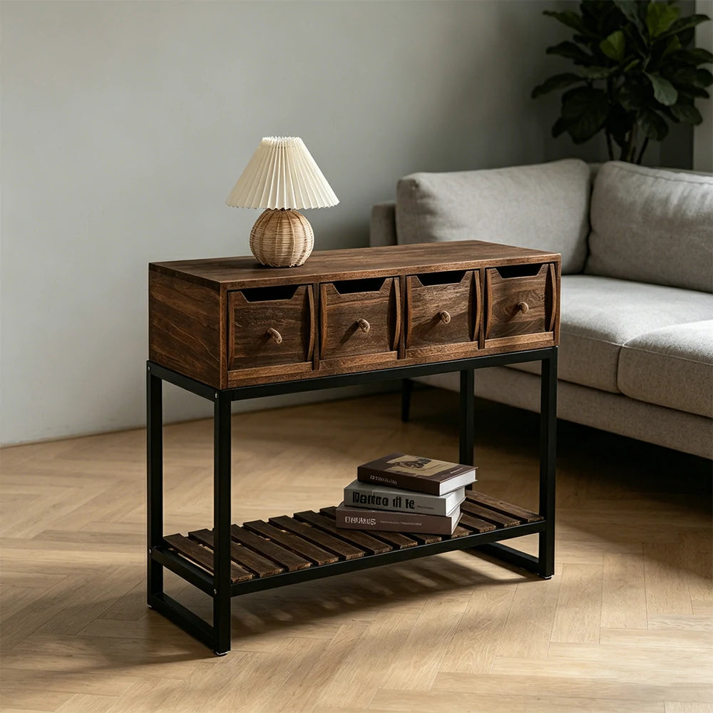 LIVARA Solid Wood Storage Cabinet with Metal Frame and Drawers for Living Room Study Entryway - Brown