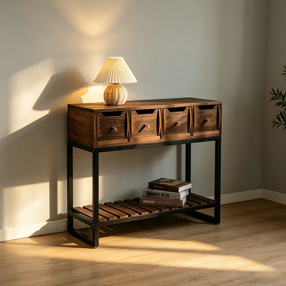 LIVARA Solid Wood Storage Cabinet with Metal Frame and Drawers for Living Room Study Entryway - Brown