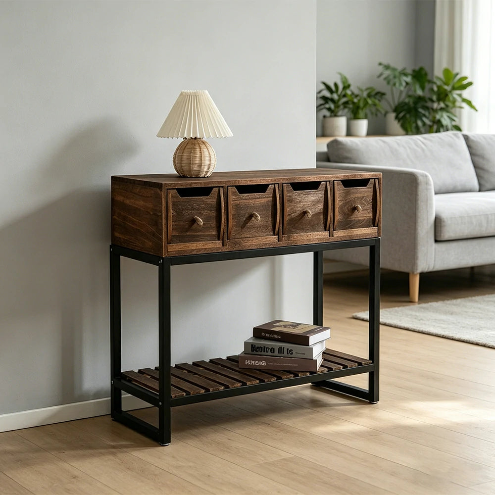 LIVARA Solid Wood Storage Cabinet with Metal Frame and Drawers for Living Room Study Entryway - Brown