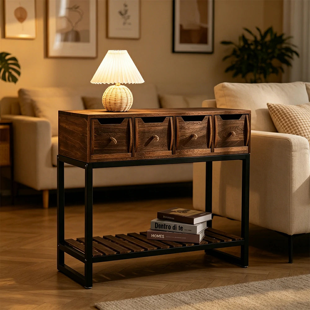 LIVARA Solid Wood Storage Cabinet with Metal Frame and Drawers for Living Room Study Entryway - Brown