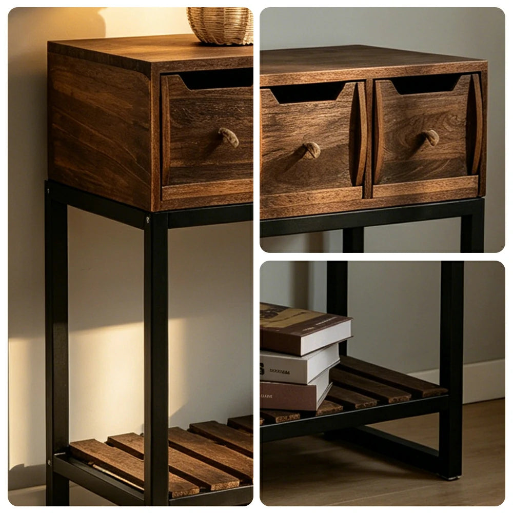 LIVARA Solid Wood Storage Cabinet with Metal Frame and Drawers for Living Room Study Entryway - Brown