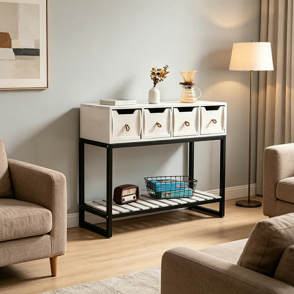 LIVARA Solid Wood Storage Cabinet with Metal Frame and Drawers for Living Room Study Entryway - White