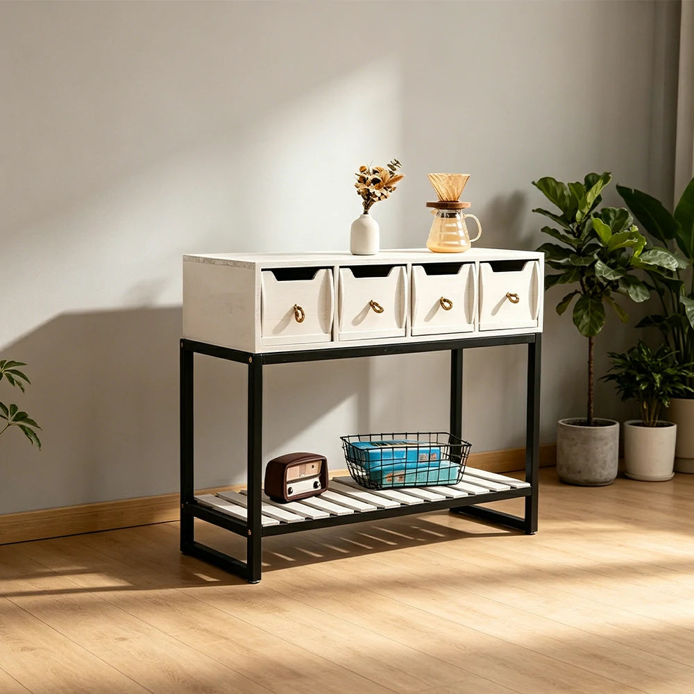 LIVARA Solid Wood Storage Cabinet with Metal Frame and Drawers for Living Room Study Entryway - White