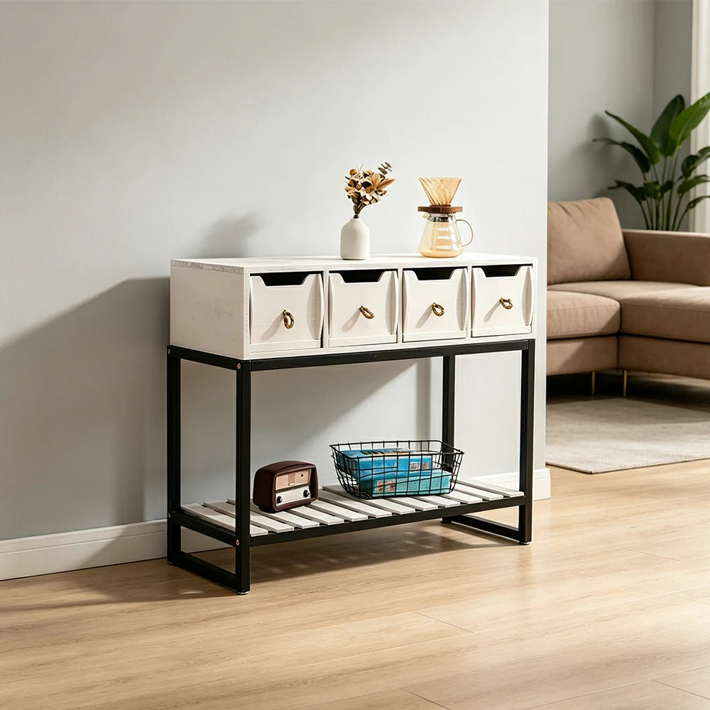 LIVARA Solid Wood Storage Cabinet with Metal Frame and Drawers for Living Room Study Entryway - White