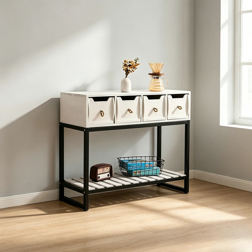 LIVARA Solid Wood Storage Cabinet with Metal Frame and Drawers for Living Room Study Entryway - White
