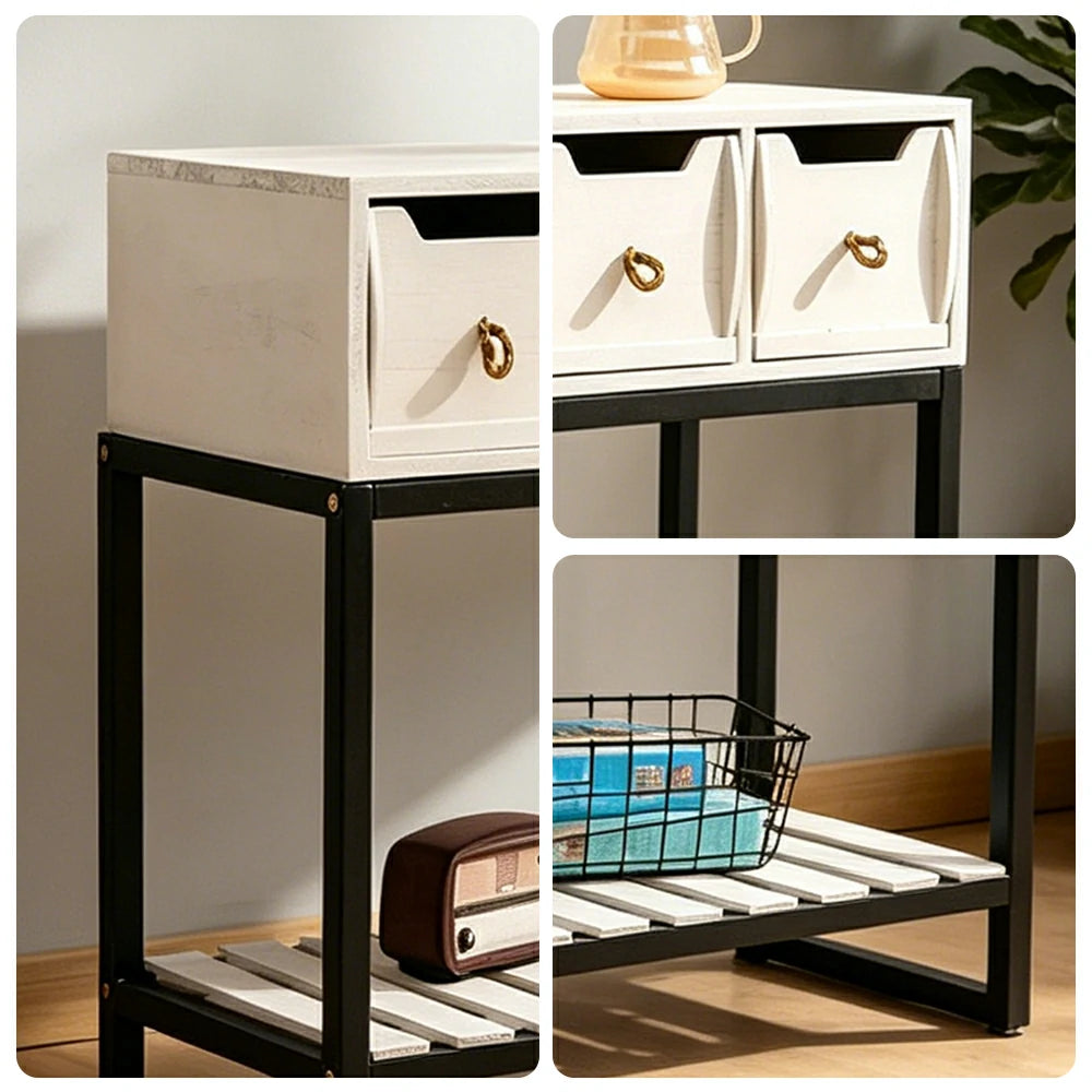 LIVARA Solid Wood Storage Cabinet with Metal Frame and Drawers for Living Room Study Entryway - White