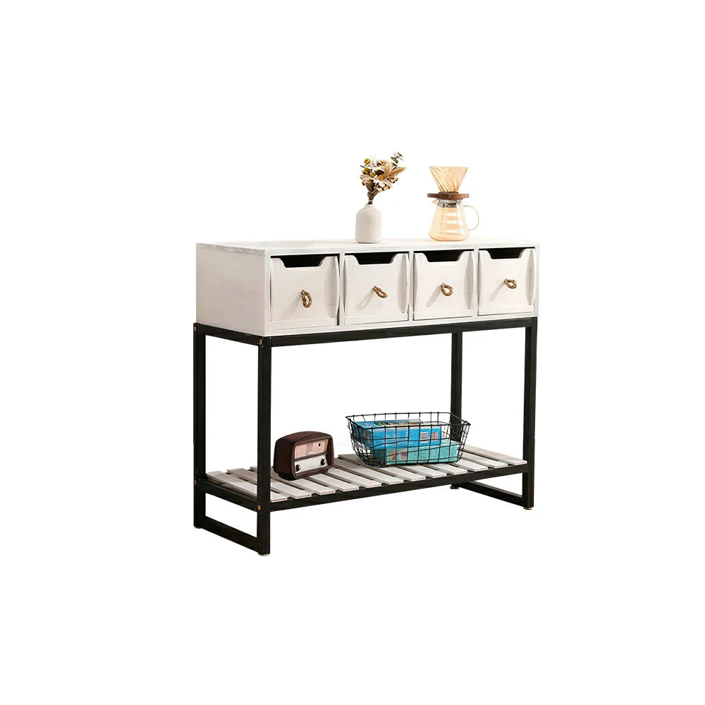 LIVARA Solid Wood Storage Cabinet with Metal Frame and Drawers for Living Room Study Entryway - White