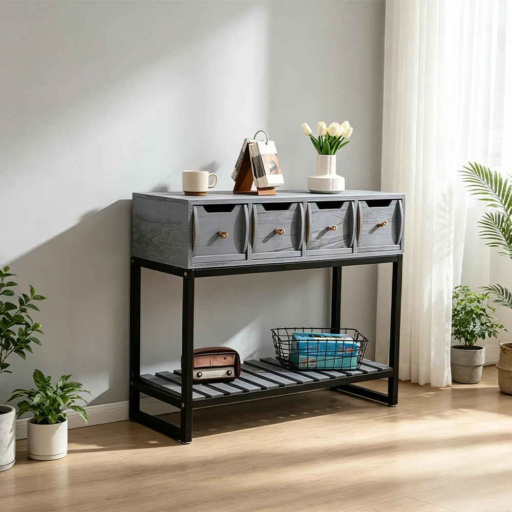 LIVARA Solid Wood Storage Cabinet with Metal Frame and Drawers for Living Room Study Entryway - Blue