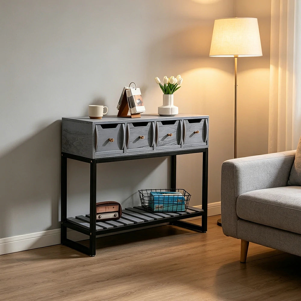 LIVARA Solid Wood Storage Cabinet with Metal Frame and Drawers for Living Room Study Entryway - Blue