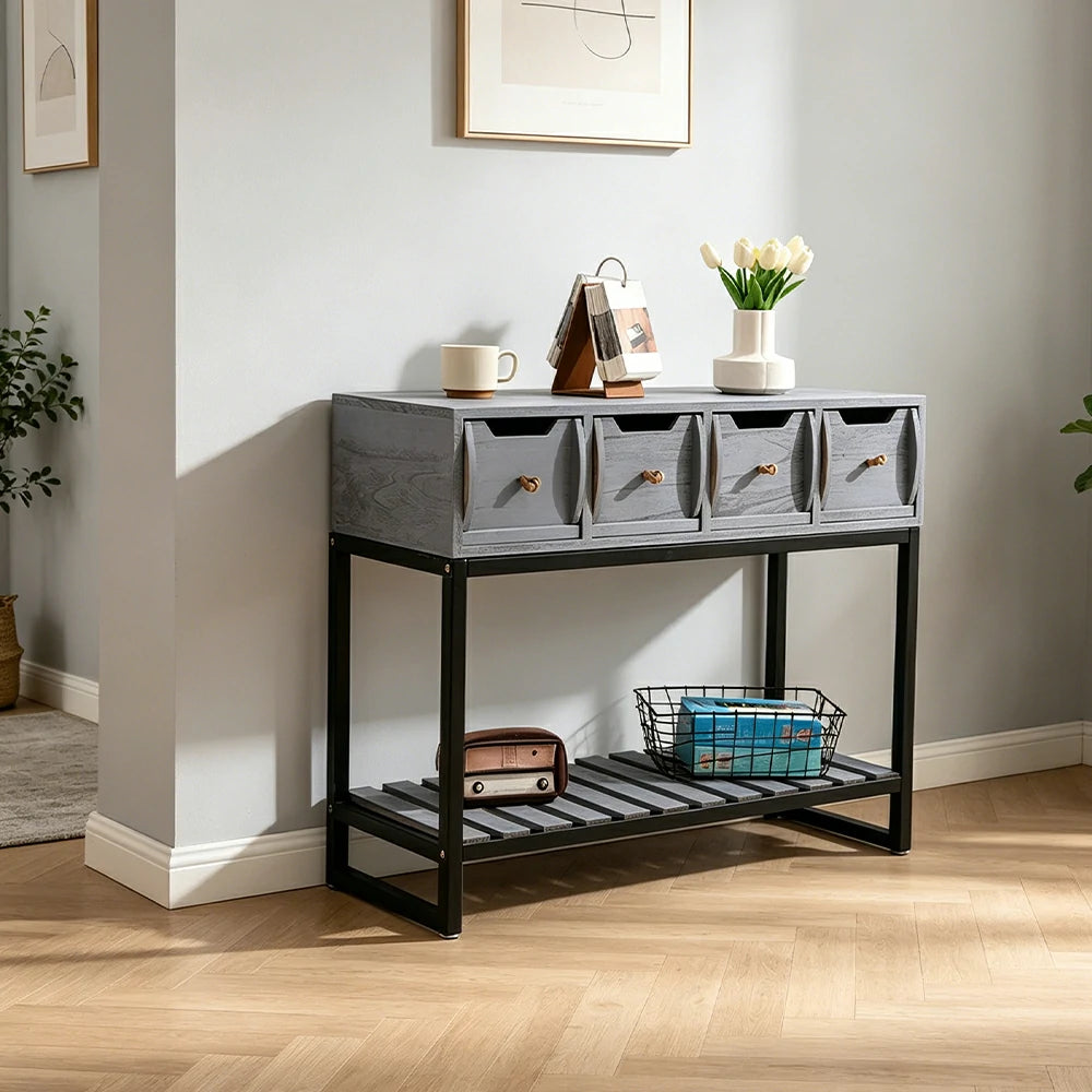 LIVARA Solid Wood Storage Cabinet with Metal Frame and Drawers for Living Room Study Entryway - Blue
