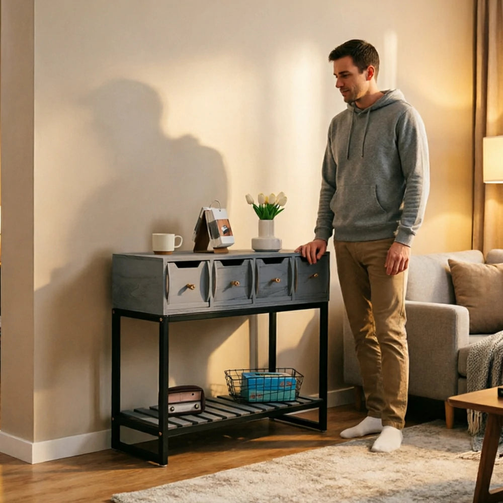 LIVARA Solid Wood Storage Cabinet with Metal Frame and Drawers for Living Room Study Entryway - Blue
