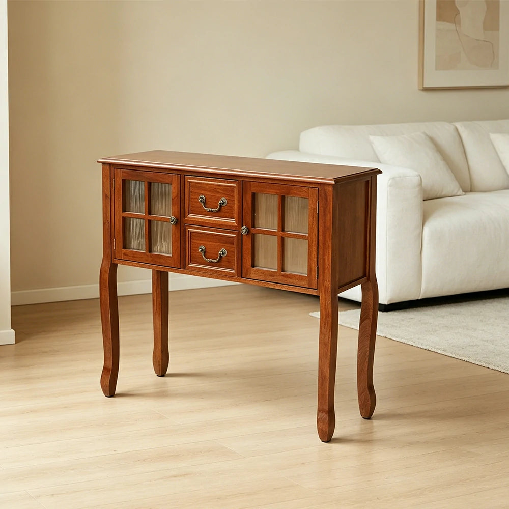 LIVARA Solid Wood Vintage Chest Cabinet with Glass Doors and Drawers for Entryway Living Room Bedroom - Brown