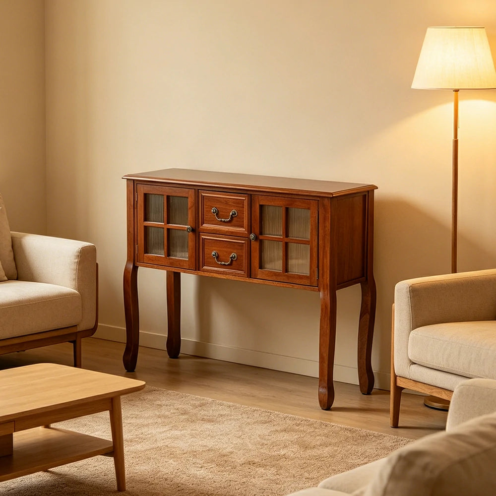 LIVARA Solid Wood Vintage Chest Cabinet with Glass Doors and Drawers for Entryway Living Room Bedroom - Brown