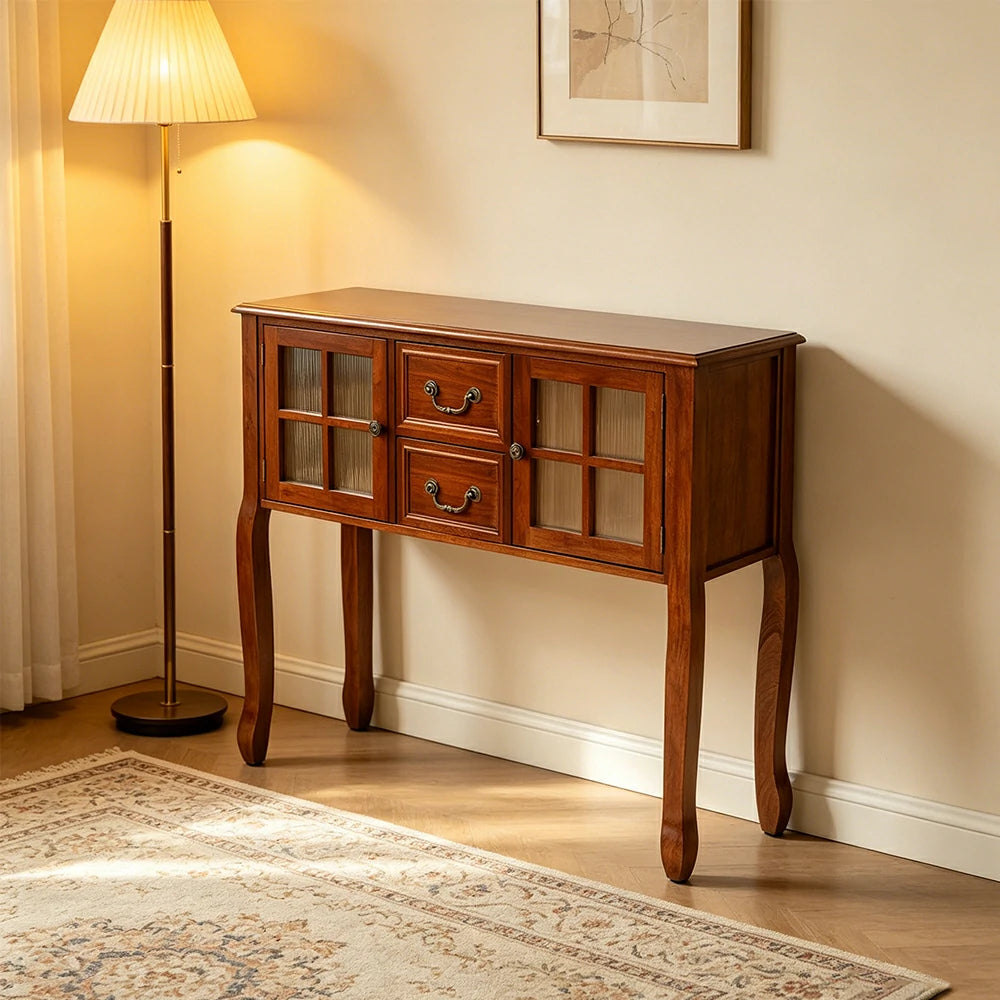 LIVARA Solid Wood Vintage Chest Cabinet with Glass Doors and Drawers for Entryway Living Room Bedroom - Brown