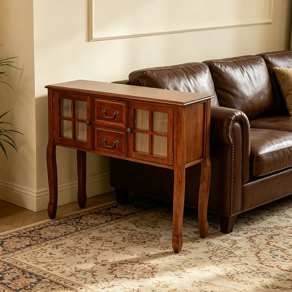 LIVARA Solid Wood Vintage Chest Cabinet with Glass Doors and Drawers for Entryway Living Room Bedroom - Brown