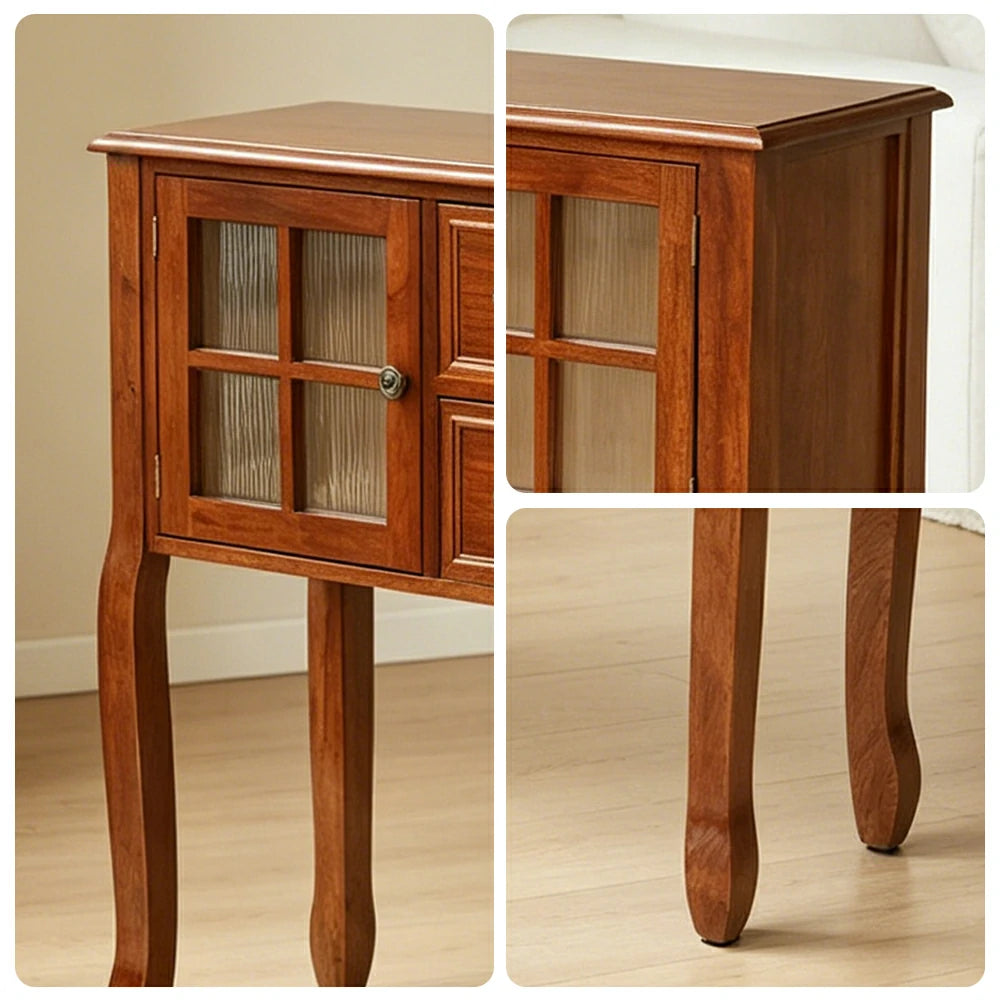 LIVARA Solid Wood Vintage Chest Cabinet with Glass Doors and Drawers for Entryway Living Room Bedroom - Brown