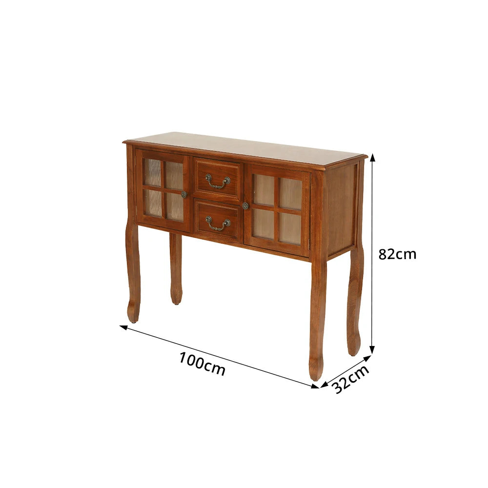 LIVARA Solid Wood Vintage Chest Cabinet with Glass Doors and Drawers for Entryway Living Room Bedroom - Brown