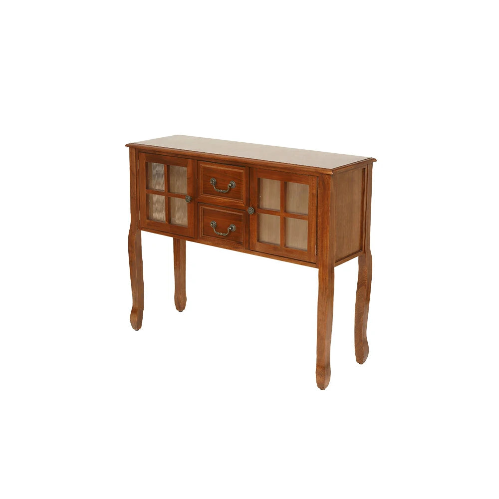 LIVARA Solid Wood Vintage Chest Cabinet with Glass Doors and Drawers for Entryway Living Room Bedroom - Brown