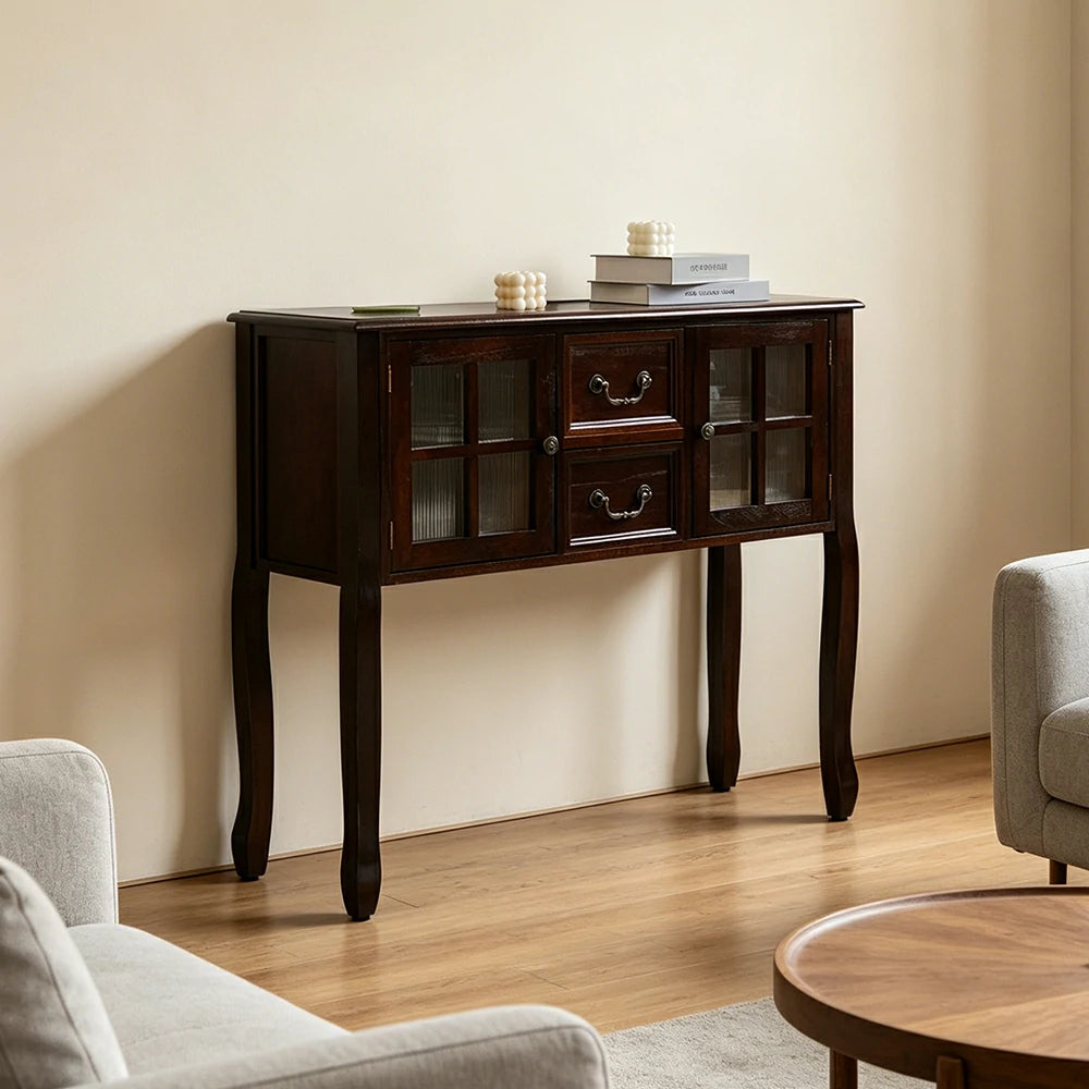 LIVARA Solid Wood Vintage Chest Cabinet with Glass Doors and Drawers for Entryway Living Room Bedroom - Walnut