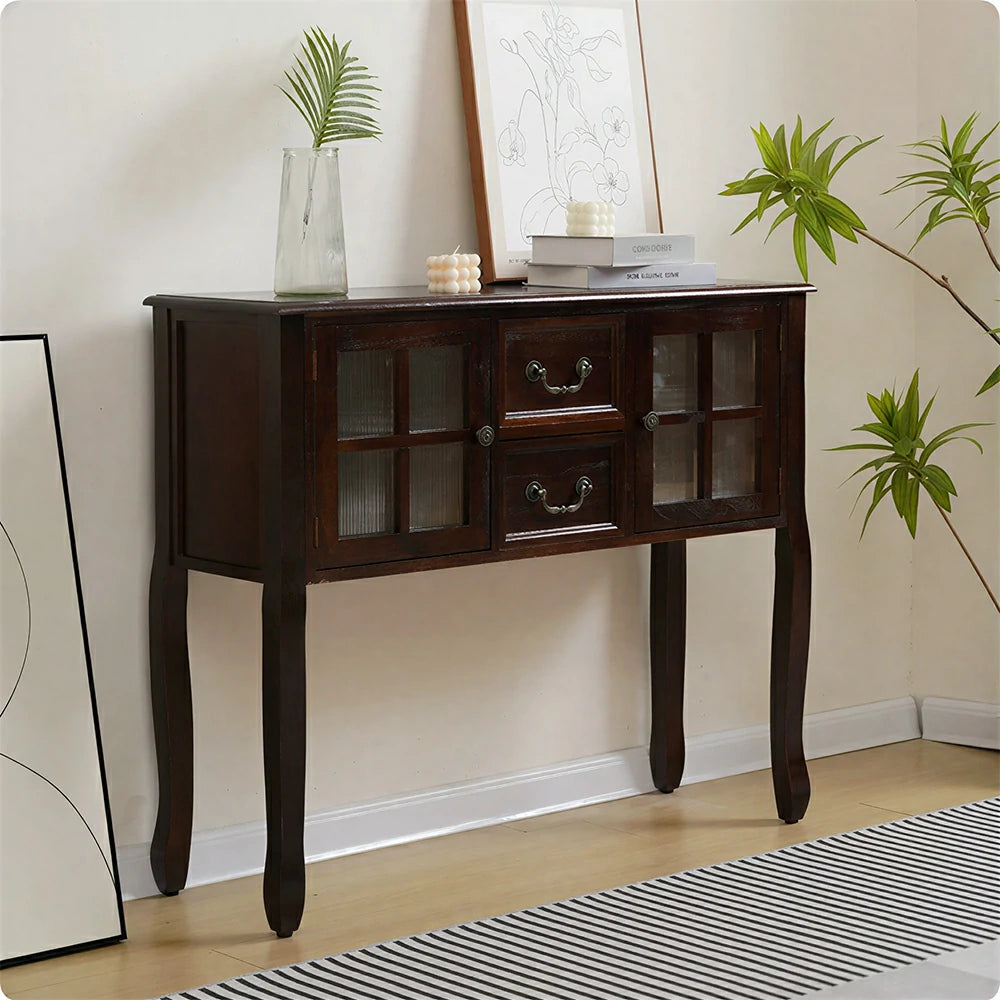 LIVARA Solid Wood Vintage Chest Cabinet with Glass Doors and Drawers for Entryway Living Room Bedroom - Walnut