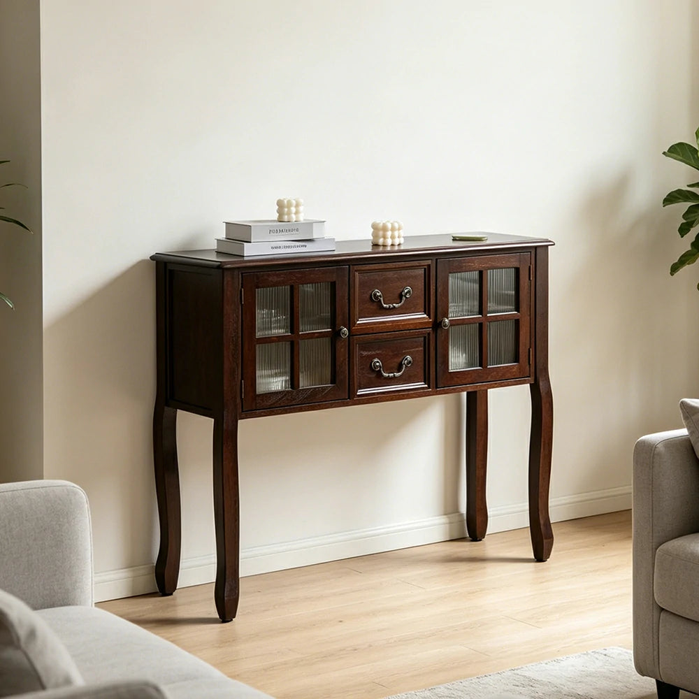 LIVARA Solid Wood Vintage Chest Cabinet with Glass Doors and Drawers for Entryway Living Room Bedroom - Walnut