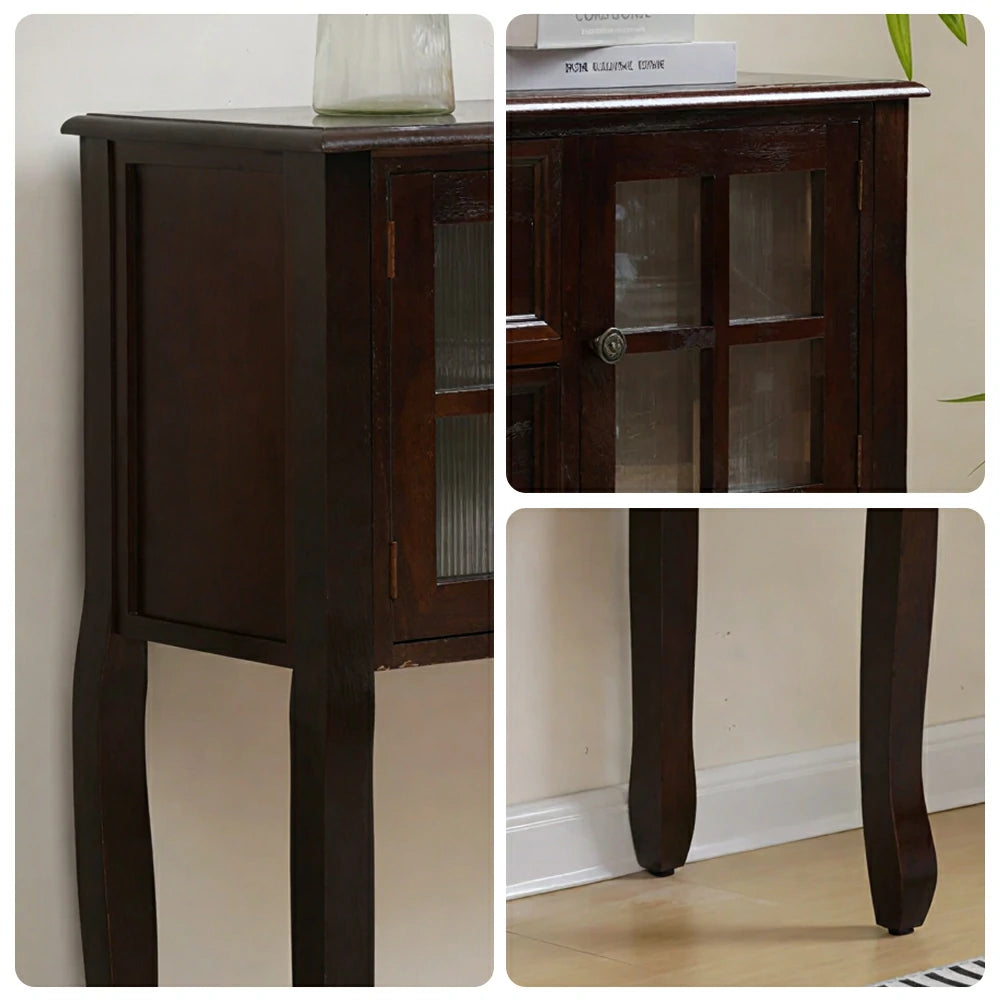 LIVARA Solid Wood Vintage Chest Cabinet with Glass Doors and Drawers for Entryway Living Room Bedroom - Walnut