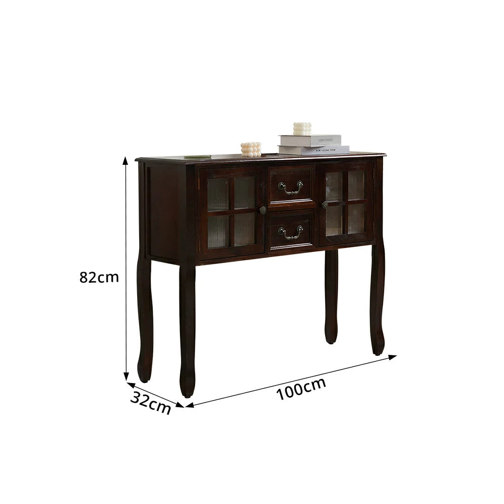 LIVARA Solid Wood Vintage Chest Cabinet with Glass Doors and Drawers for Entryway Living Room Bedroom - Walnut