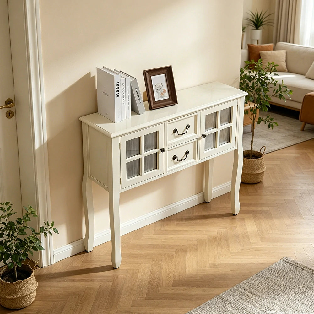 LIVARA Solid Wood Vintage Chest Cabinet with Glass Doors and Drawers for Entryway Living Room Bedroom - White