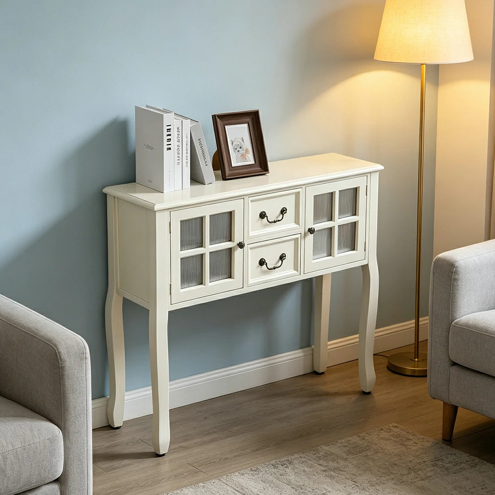 LIVARA Solid Wood Vintage Chest Cabinet with Glass Doors and Drawers for Entryway Living Room Bedroom - White