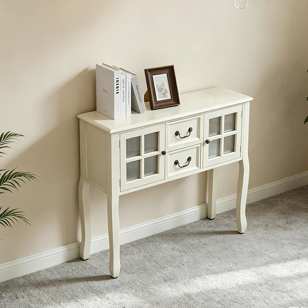 LIVARA Solid Wood Vintage Chest Cabinet with Glass Doors and Drawers for Entryway Living Room Bedroom - White