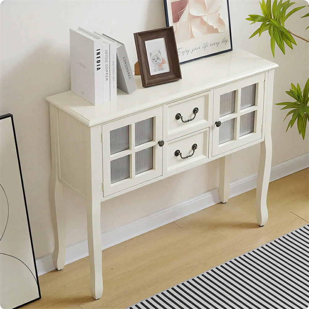 LIVARA Solid Wood Vintage Chest Cabinet with Glass Doors and Drawers for Entryway Living Room Bedroom - White