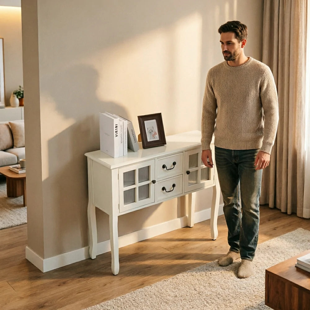 LIVARA Solid Wood Vintage Chest Cabinet with Glass Doors and Drawers for Entryway Living Room Bedroom - White