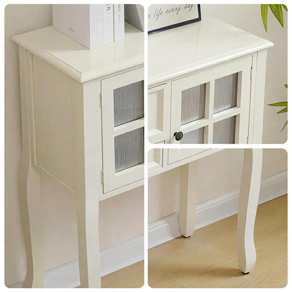LIVARA Solid Wood Vintage Chest Cabinet with Glass Doors and Drawers for Entryway Living Room Bedroom - White