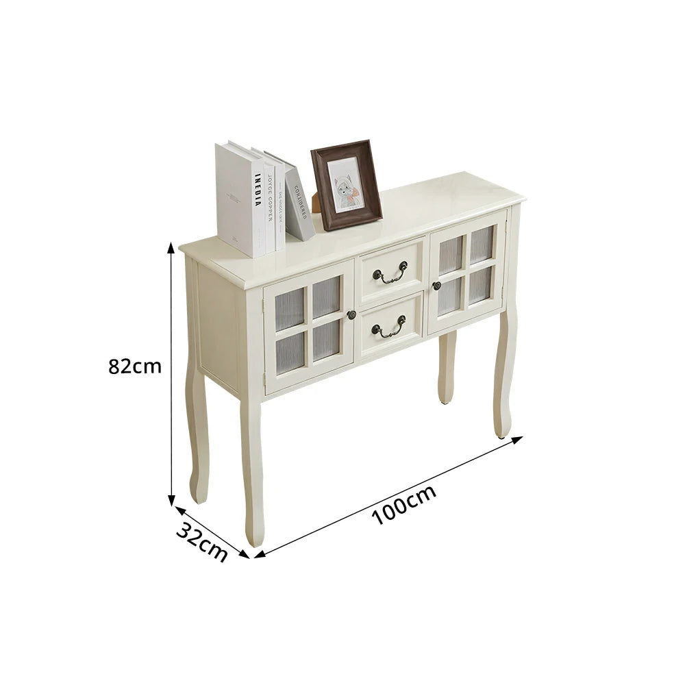 LIVARA Solid Wood Vintage Chest Cabinet with Glass Doors and Drawers for Entryway Living Room Bedroom - White