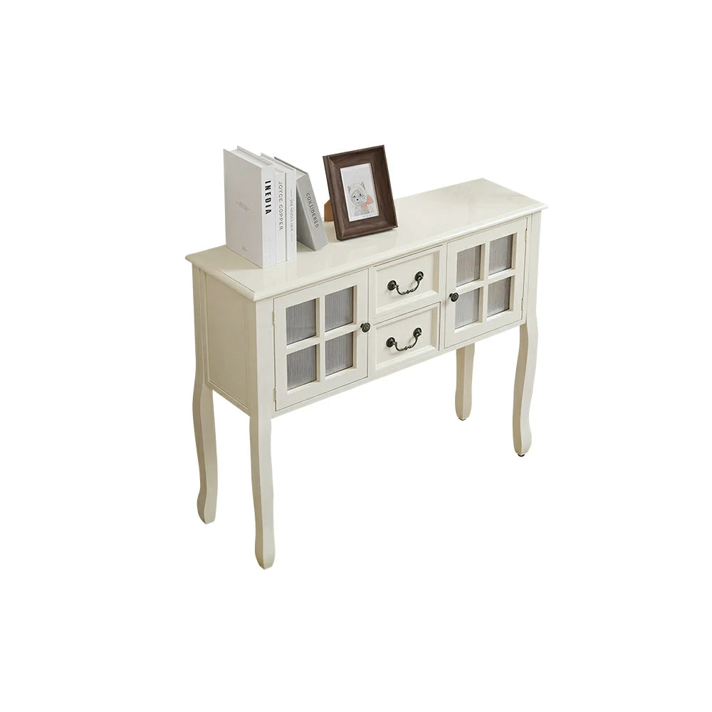 LIVARA Solid Wood Vintage Chest Cabinet with Glass Doors and Drawers for Entryway Living Room Bedroom - White