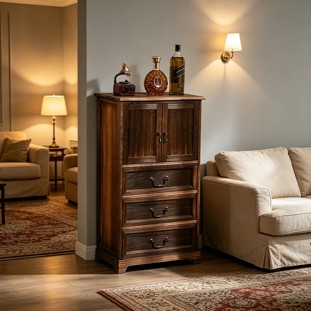 LIVARA Solid Wood Storage Cabinet with Drawers and Door for Bedroom Living Room Bedside - Walnut