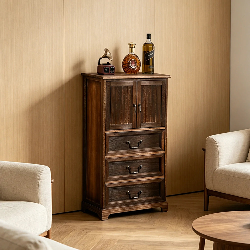 LIVARA Solid Wood Storage Cabinet with Drawers and Door for Bedroom Living Room Bedside - Walnut