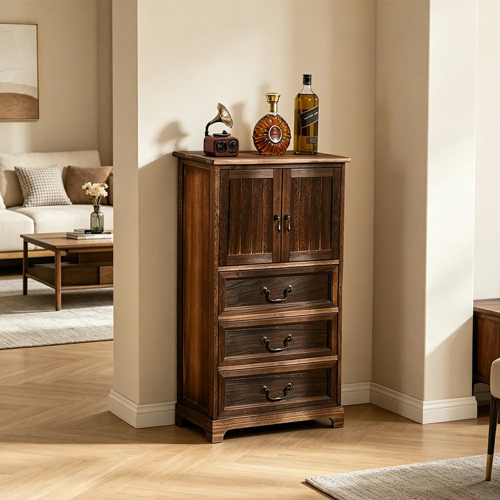 LIVARA Solid Wood Storage Cabinet with Drawers and Door for Bedroom Living Room Bedside - Walnut