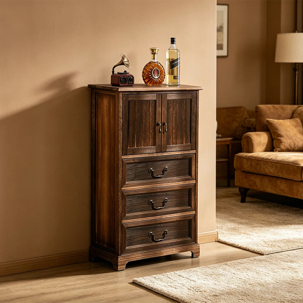 LIVARA Solid Wood Storage Cabinet with Drawers and Door for Bedroom Living Room Bedside - Walnut