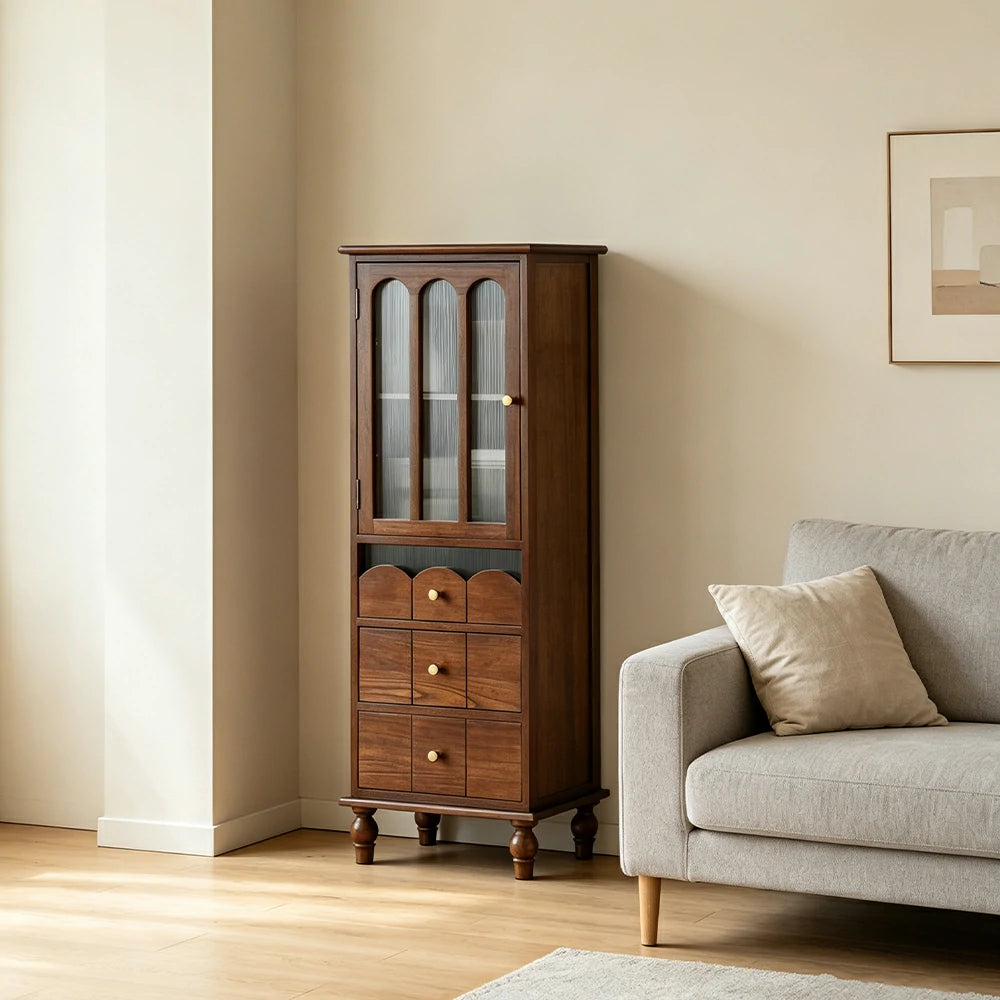 LIVARA Solid Wood Storage Side Cabinet with Fluted Glass Single Door for Living Room Dining Room Entryway - Walnut
