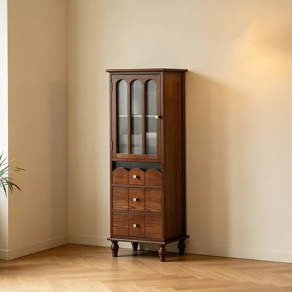 LIVARA Solid Wood Storage Side Cabinet with Fluted Glass Single Door for Living Room Dining Room Entryway - Walnut