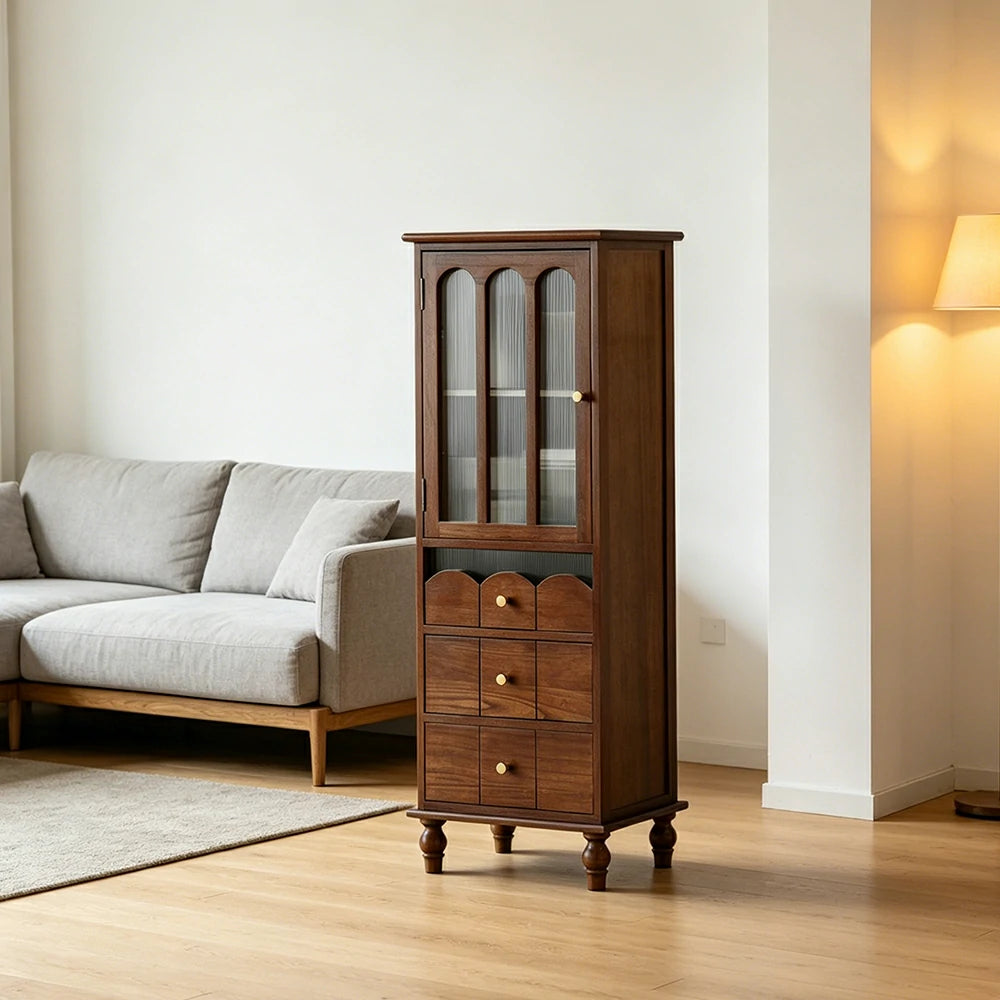 LIVARA Solid Wood Storage Side Cabinet with Fluted Glass Single Door for Living Room Dining Room Entryway - Walnut