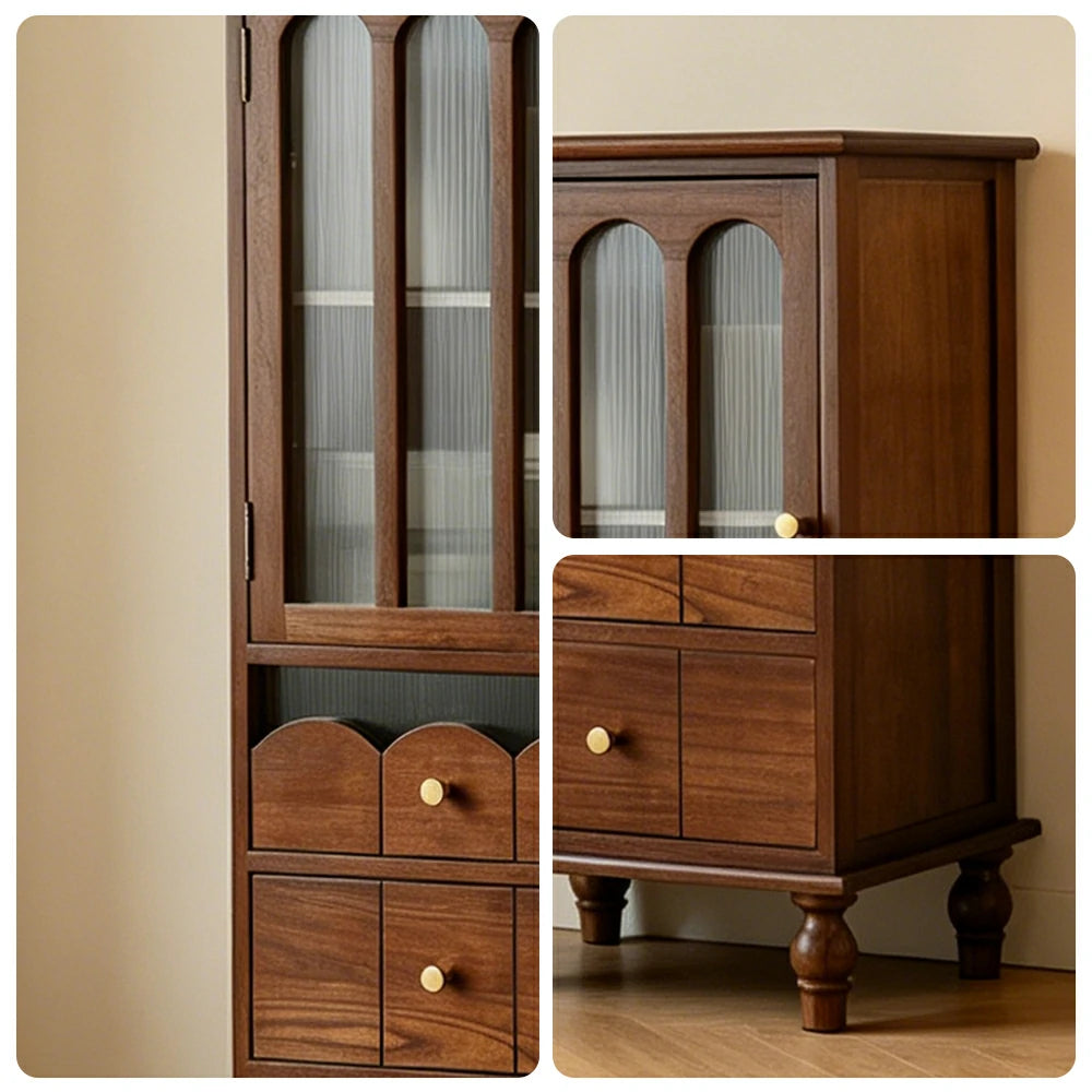 LIVARA Solid Wood Storage Side Cabinet with Fluted Glass Single Door for Living Room Dining Room Entryway - Walnut