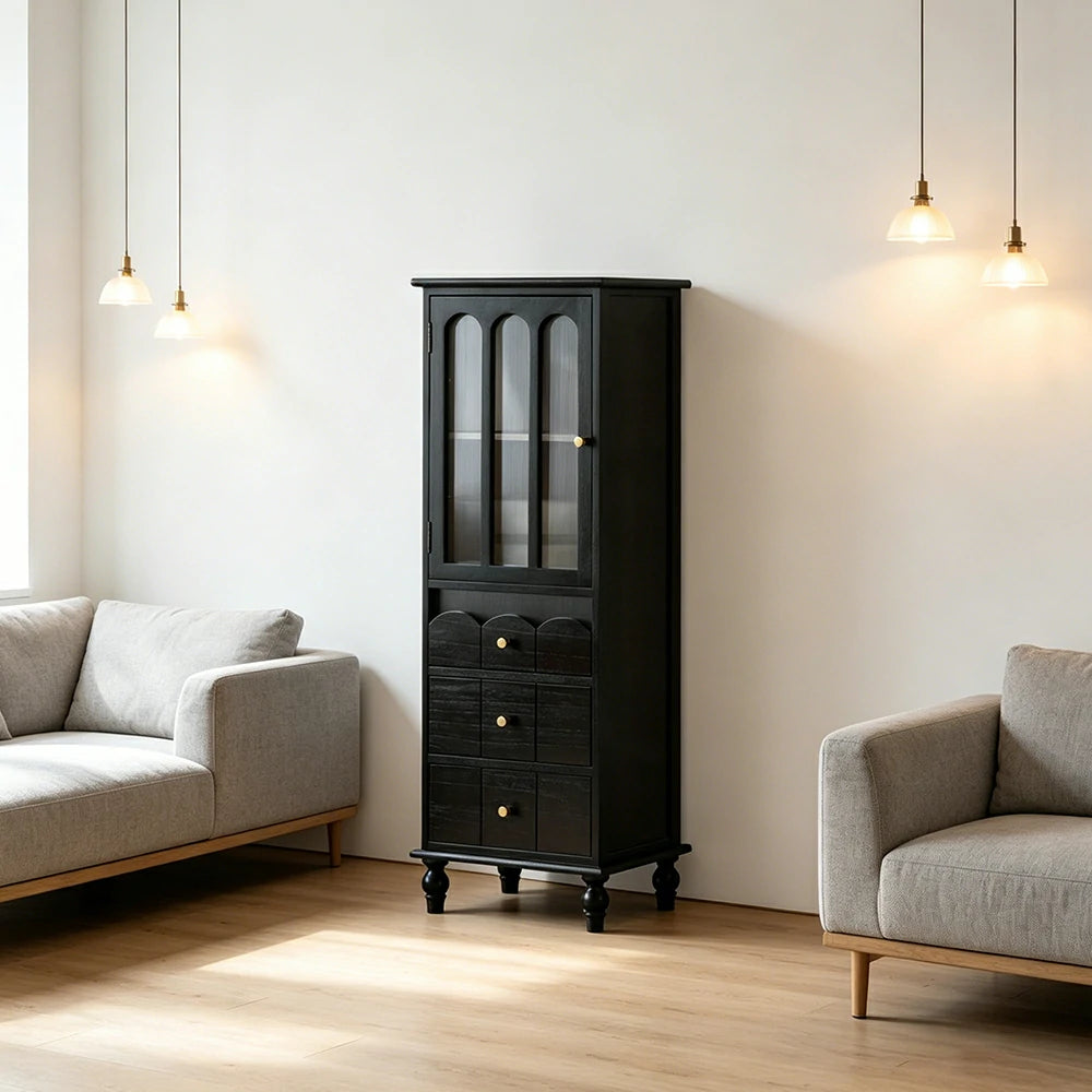 LIVARA Solid Wood Storage Side Cabinet with Fluted Glass Single Door for Living Room Dining Room Entryway - Black